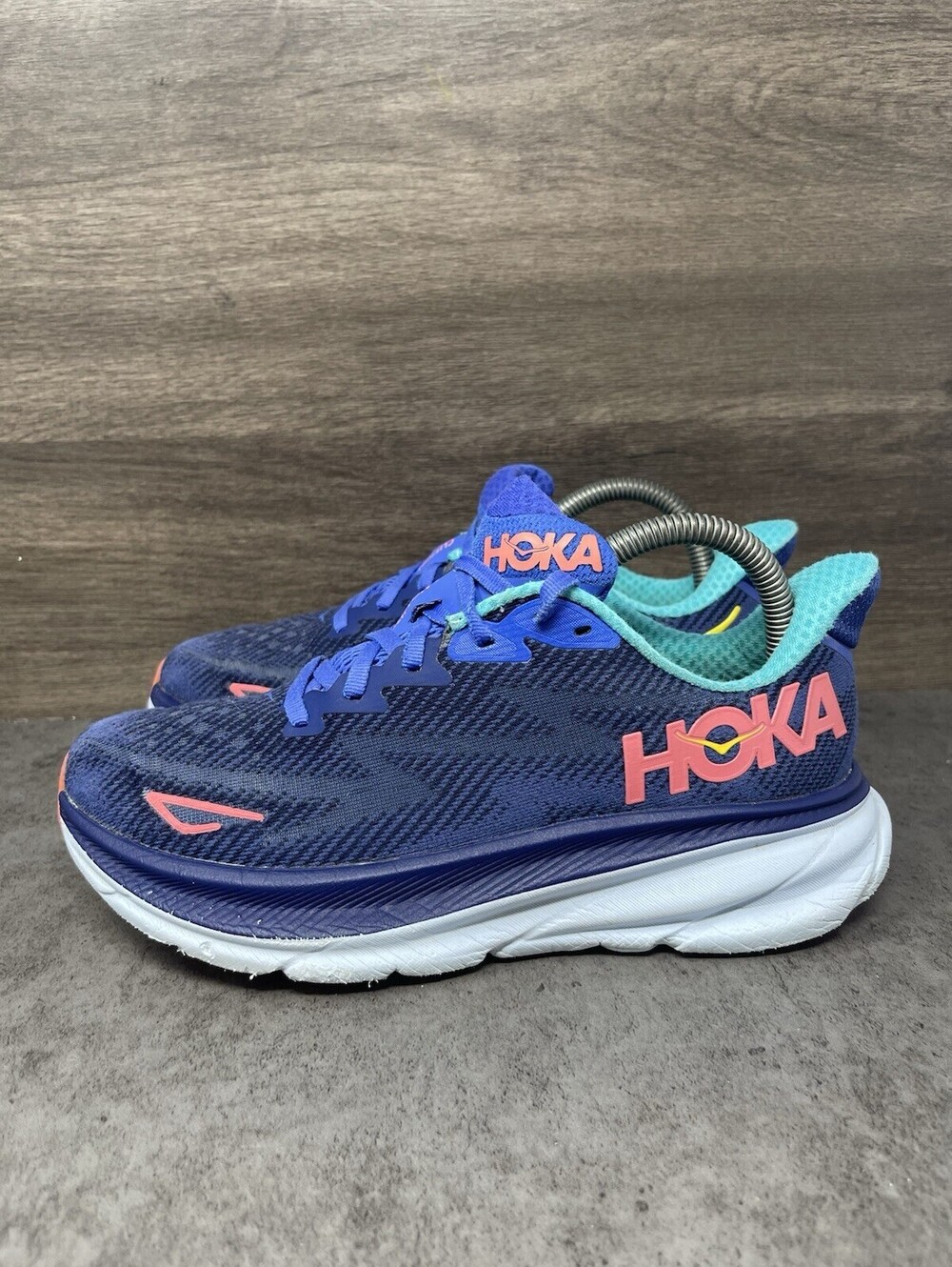 HOKA Bondi 7 Womens Size 6.5 Navy Blue Coral Aqua Max Cushion Running Shoes